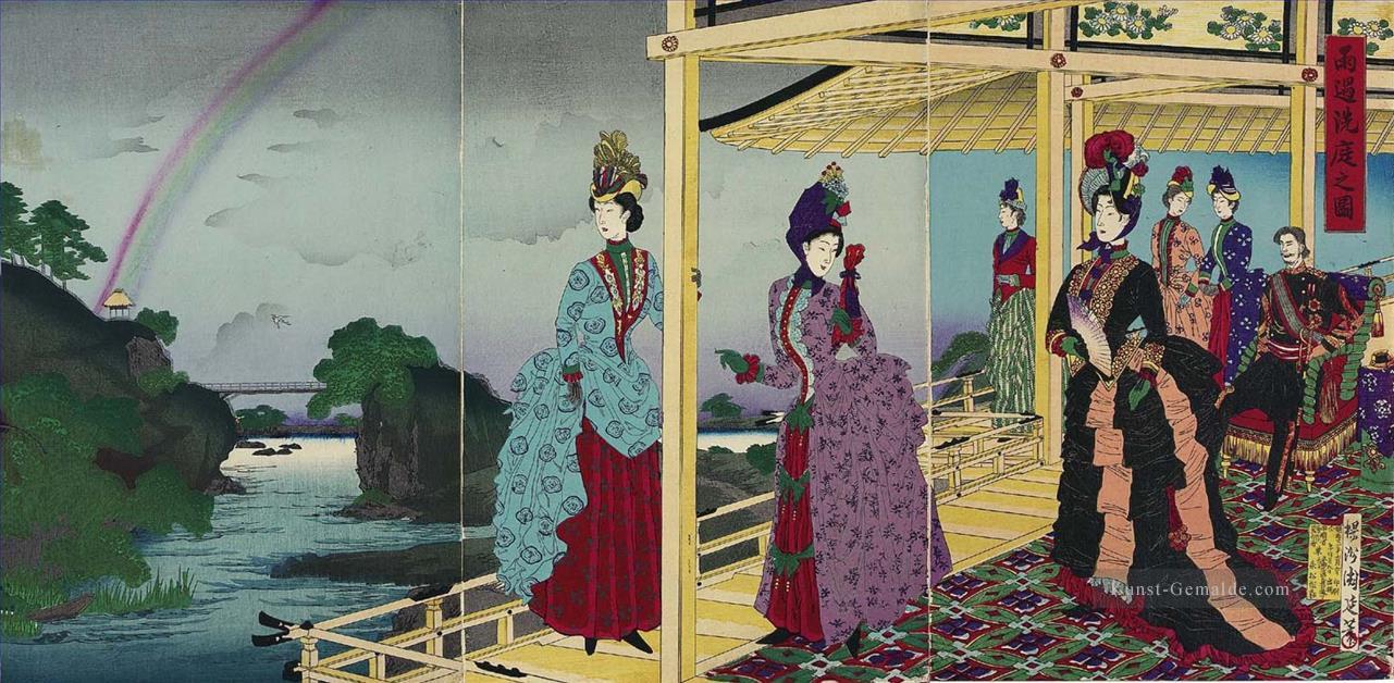 Illustration des Gartens aufgefrischt nach dem Regen 1888 Toyohara Chikanobu bijin okubi e Ölgemälde